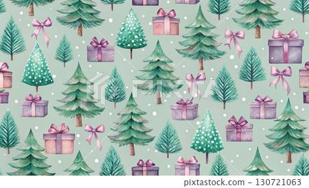 Seamless vintage Christmas pattern hand-drawn pencil style fir trees and wrapped gift boxes with ribbons Seamless vintage Christmas pattern hand-drawn pencil style fir trees and wrapped gift boxes with ribbons 130721063