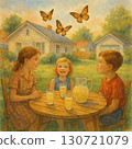 Children happily drinking lemonade in the garden on a summer afternoon 130721079