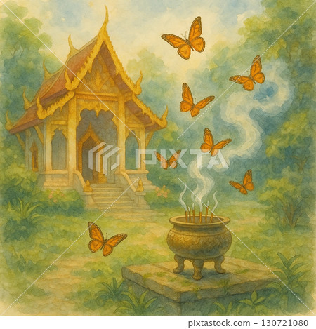 寺廟香爐前蝴蝶飛舞的神聖祈福畫面 130721080