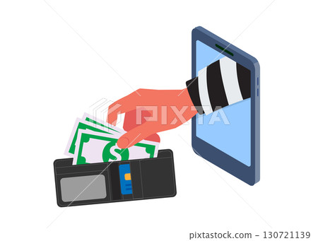 Hand take money on wallet from phone. internet scammer and financial concept in vector isolated in white background stock illustration 130721139