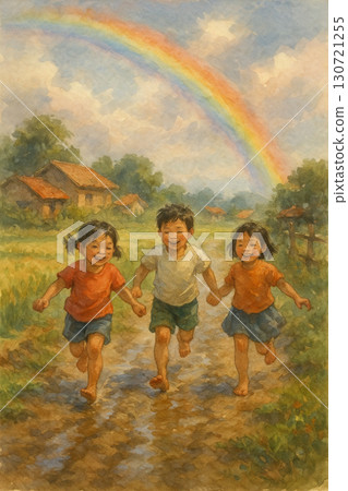 帶著彩虹的小孩時光和村莊田野中的天真笑容 130721255