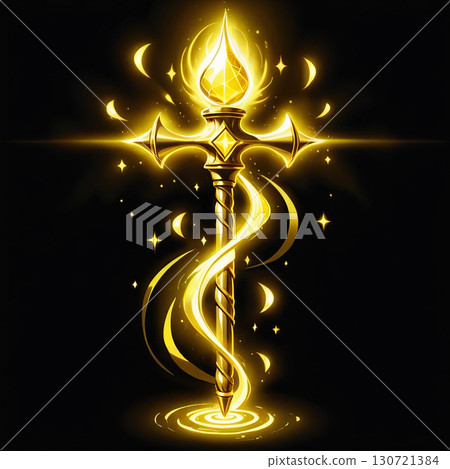 A radiant, golden staff pulses with magical energy, its gemstone tip glowing brightly against the dark background. 130721384