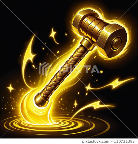 A fiery golden hammer with a braided handle glows intensely, surrounded by magical energy. 130721392