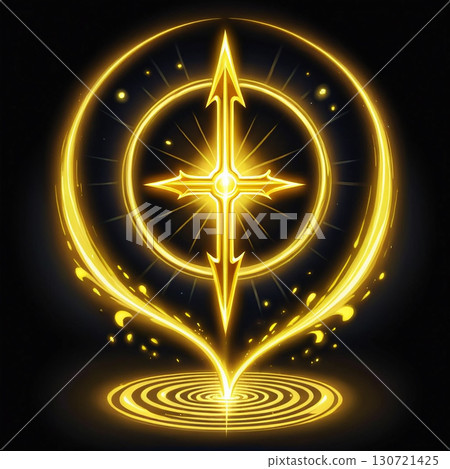 Luminous Golden Cross: A radiant symbol of energy and light glows intensely in the dark. 130721425