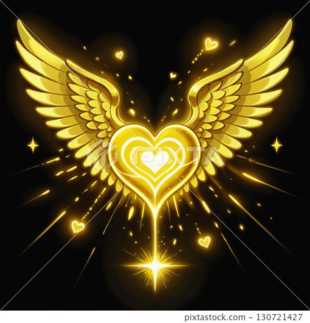 A radiant golden heart, adorned with majestic wings, shines brilliantly against a dark backdrop. A radiant golden heart, adorned with majestic wings, shines brilliantly against a dark backdrop. 130721427