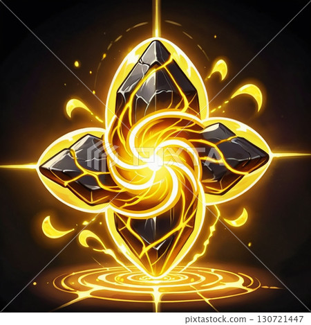 A mystical dark crystal emits swirling golden energy, creating a radiant and powerful image perfect for fantasy themes. 130721447