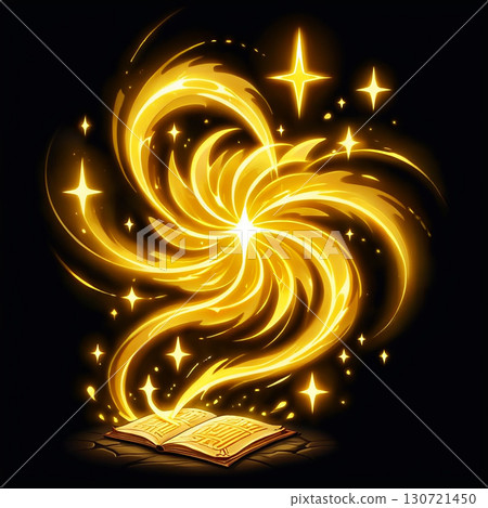 A swirling golden energy erupts from an ancient book, illuminating the scene with bright stars and magical power. 130721450