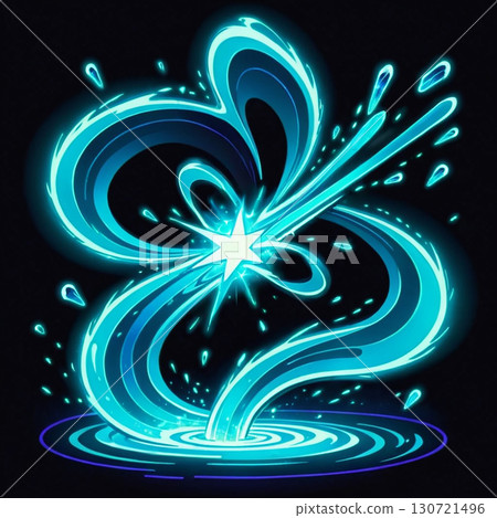 A vibrant explosion of glowing blue water swirls around a bright star, creating a magical, dynamic scene. 130721496