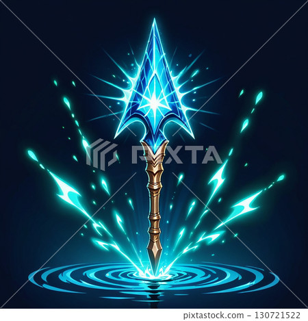 Glowing blue crystal spearhead piercing water, creating magical ripples and a golden shaft; a fantasy game asset. 130721522