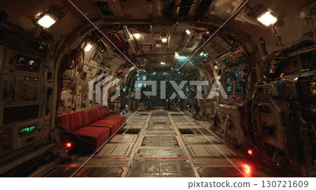 Futuristic spaceship interior exposed wires flickering light control panel metallic corridor 130721609