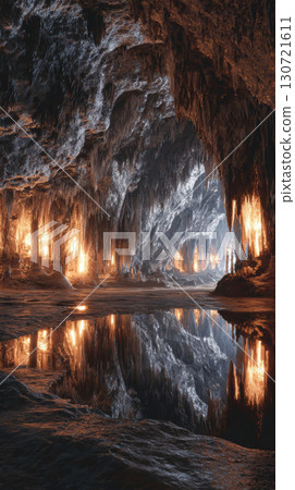 Glowing crystal cave, massive stalactite, reflection, underground, mysterious, serene Glowing crystal cave, massive stalactite, reflection, underground, mysterious, serene 130721611