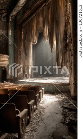 Dilapidated theatre stage tattered curtains broken seats abandoned dramatic light decay Dilapidated theatre stage tattered curtains broken seats abandoned dramatic light decay 130721612