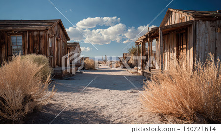 Old wooden buildings desert ghost town tumbleweed dry landscape blue sky Old wooden buildings desert ghost town tumbleweed dry landscape blue sky 130721614