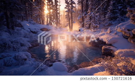 Snowy forest hot spring with rising steam, warm sunlight, tranquil winter landscape Snowy forest hot spring with rising steam, warm sunlight, tranquil winter landscape 130721616