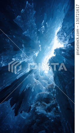 Blue ice cave interior, ice formations, light refraction, natural wonder, cold, dramatic view 130721617