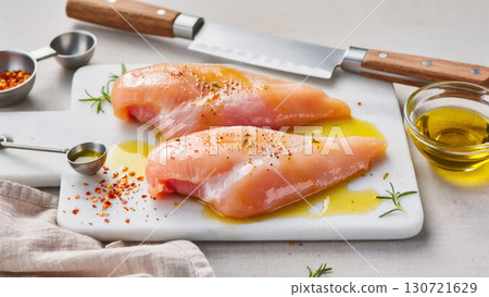 Raw chicken breast fillets marinated with olive oil, herbs, and spices on white cutting board. Fresh ingredients prepared for cooking. Raw chicken breast fillets marinated with olive oil, herbs, and spices on white cutting board. Fresh ingredients prepared for cooking. 130721629