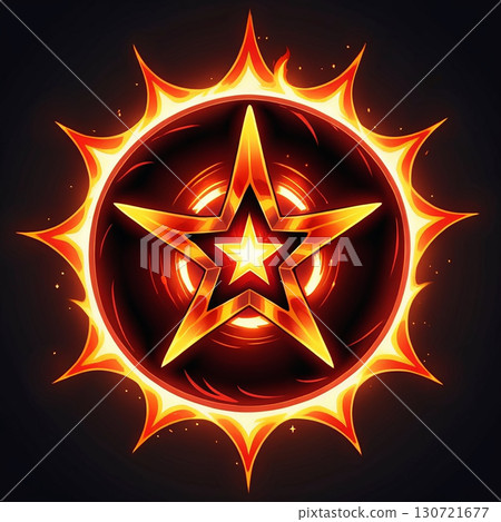 Fiery Star Emblem: A blazing star symbol radiating intense energy, light, and heat, signifying power and achievement. 130721677