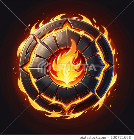 Burning Stone Emblem: A fiery circular emblem with a stone texture and intense flames. 130721698