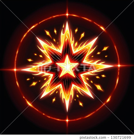 A fiery star explodes in a circular frame, radiating intense heat and light, perfect for fantasy designs. A fiery star explodes in a circular frame, radiating intense heat and light, perfect for fantasy designs. 130721699