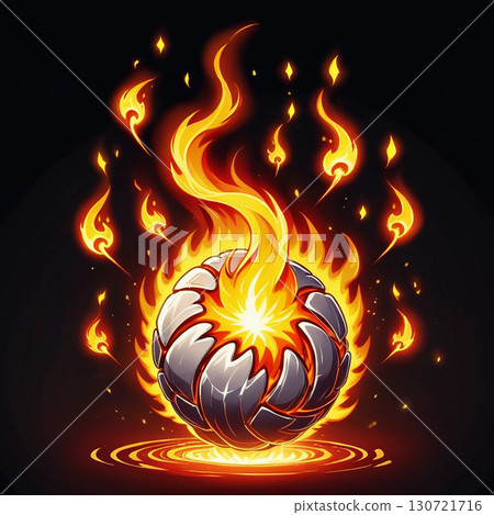 Fiery Ball of Energy: A mesmerizing sphere engulfed in intense flames and magical sparks. 130721716