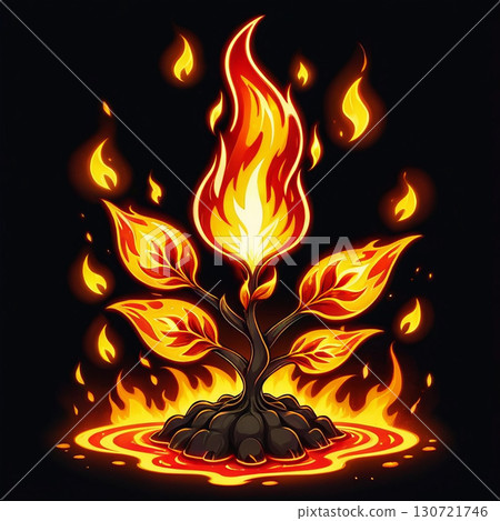 A fiery plant bursts into flames, its leaves ignited in a mesmerizing display against a dark background. 130721746