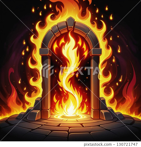A fiery portal, ancient stone arch engulfed in magical flames, mystical scene. A fiery portal, ancient stone arch engulfed in magical flames, mystical scene. 130721747