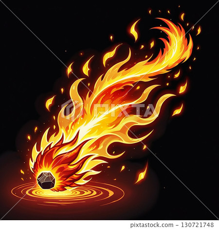 A fiery meteor streaks across the inky black sky, leaving an incandescent trail of burning flames in its wake. 130721748