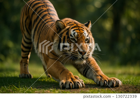 Proud tiger resting on green forest ground with alert yet calm expression. 130722339