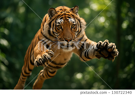 Fearless tiger roaring with claws extended in active hunting stance in forest terrain. 130722340