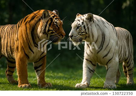 Tiger standing next to rare white tiger in beautiful contrasting fur patterns. Tiger standing next to rare white tiger in beautiful contrasting fur patterns. 130722350