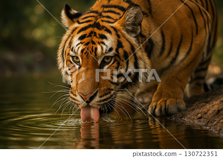 Dominant tiger portrait emerging from shadows with glowing eyes and detailed facial texture. 130722351
