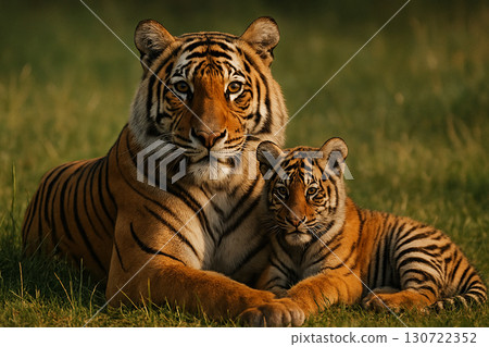 Majestic tiger lying calmly on grass showing relaxation yet strong dominance in its territory. 130722352