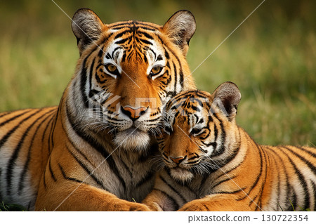 Tiger standing side by side with another tiger in the wild displaying unity and strength. 130722354