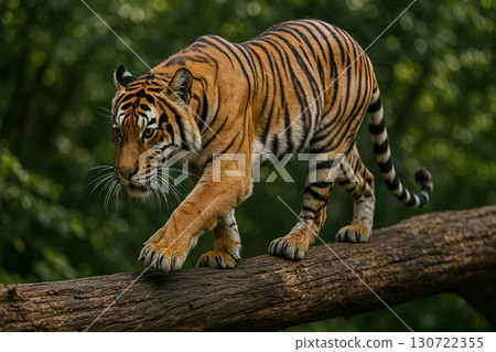 Tiger prowling stealthily across jungle greenery in focused hunting stance. Tiger prowling stealthily across jungle greenery in focused hunting stance. 130722355