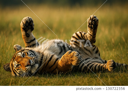 Tiger lying on back rolling playfully in sunlight on golden grassland. Tiger lying on back rolling playfully in sunlight on golden grassland. 130722356