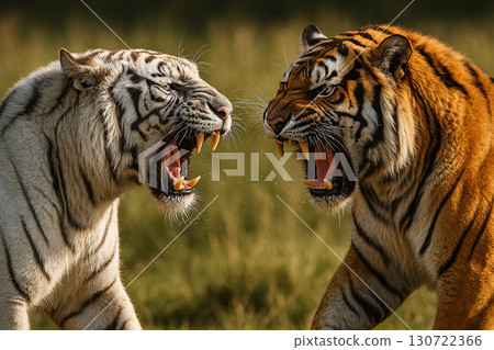 Group of tigers including orange and white species standing close together in wild environment. Group of tigers including orange and white species standing close together in wild environment. 130722366