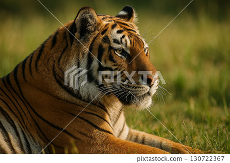 Striking tiger close-up portrait in forest environment highlighting its intense eyes and sharp whiskers. Striking tiger close-up portrait in forest environment highlighting its intense eyes and sharp whiskers. 130722367