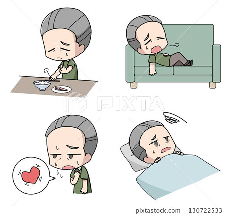 Set of four illustrations of physical symptoms of depression - elderly men Set of four illustrations of physical symptoms of depression - elderly men 130722533