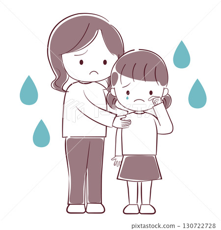 哭泣的女孩和憂心忡忡的母親插畫 130722728