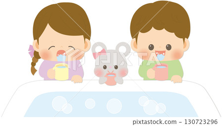 Illustration of a girl, boy, and mouse gargling to prevent infection 130723296