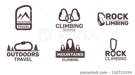 Climbing emblems. Carabiners silhouettes with inscriptions, mountains and trees, hiking logo, mountaineering label design, extreme sport and tourism logotype, qualitative vector isolated set 130723354