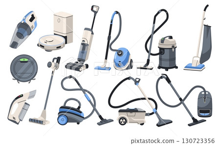 Electric vacuum cleaners. Different models, home, professional cleaning equipment, washing robots devices, getting dust, household machines, cartoon flat style isolated tidy vector set Electric vacuum cleaners. Different models, home, professional cleaning equipment, washing robots devices, getting dust, household machines, cartoon flat style isolated tidy vector set 130723356