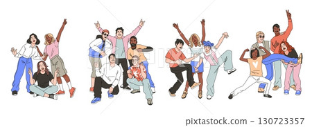 Friends posing together. Happy people groups in dynamic poses, funny young teams, smiling men and women, team positive emotions, togetherness vacations, tidy vector cartoon isolated set 130723357