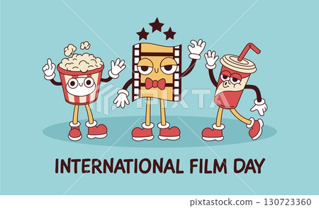 Groovy cinema characters poster. Funny popcorn, cute soda drink and film tape with faces, hands and feet, retro mascots, banner vintage style, movie advertising, garish vector concept Groovy cinema characters poster. Funny popcorn, cute soda drink and film tape with faces, hands and feet, retro mascots, banner vintage style, movie advertising, garish vector concept 130723360