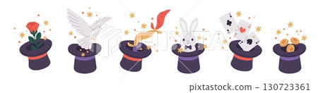 Magic cylinder tricks. Different illusionist top hat performing, disappearing and reappearing objects, surprise stunts, rabbit, dove and cards cartoon flat isolated garish vector set 130723361