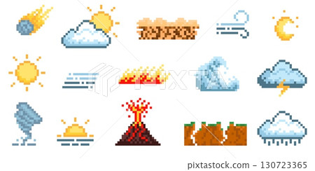Pixel cataclysm and weather conditions icons. 8 bit retro elements, vintage video game, app, web assets, thunderstorm, wind, fires and drought, sun and moon qualitative vector isolated set Pixel cataclysm and weather conditions icons. 8 bit retro elements, vintage video game, app, web assets, thunderstorm, wind, fires and drought, sun and moon qualitative vector isolated set 130723365