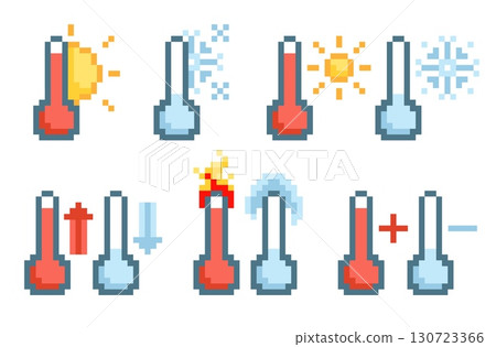 Pixel thermometer column. Heat, frost 8 bit indicators, game, app, web assets, weather conditions, hot or freeze meteorology signs, sun and snowflake, qualitative vector isolated set 130723366
