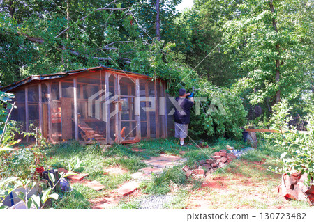 Contractor removes branches that fell from tree, clearing area around backyard chicken coop after strong tornado 130723482