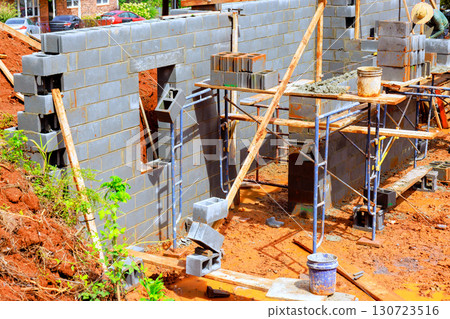 Construction workers are actively assembling concrete block wall on site with scaffolding under works day Construction workers are actively assembling concrete block wall on site with scaffolding under works day 130723516