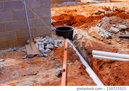 Workers are placing drainage pipes in freshly dug trench at construction site with tools materials nearby. 130723525